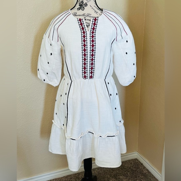 Roolee SALT Women’s Small Embroidered Boho Dress White Puff Sleeve - Picture 1 of 11